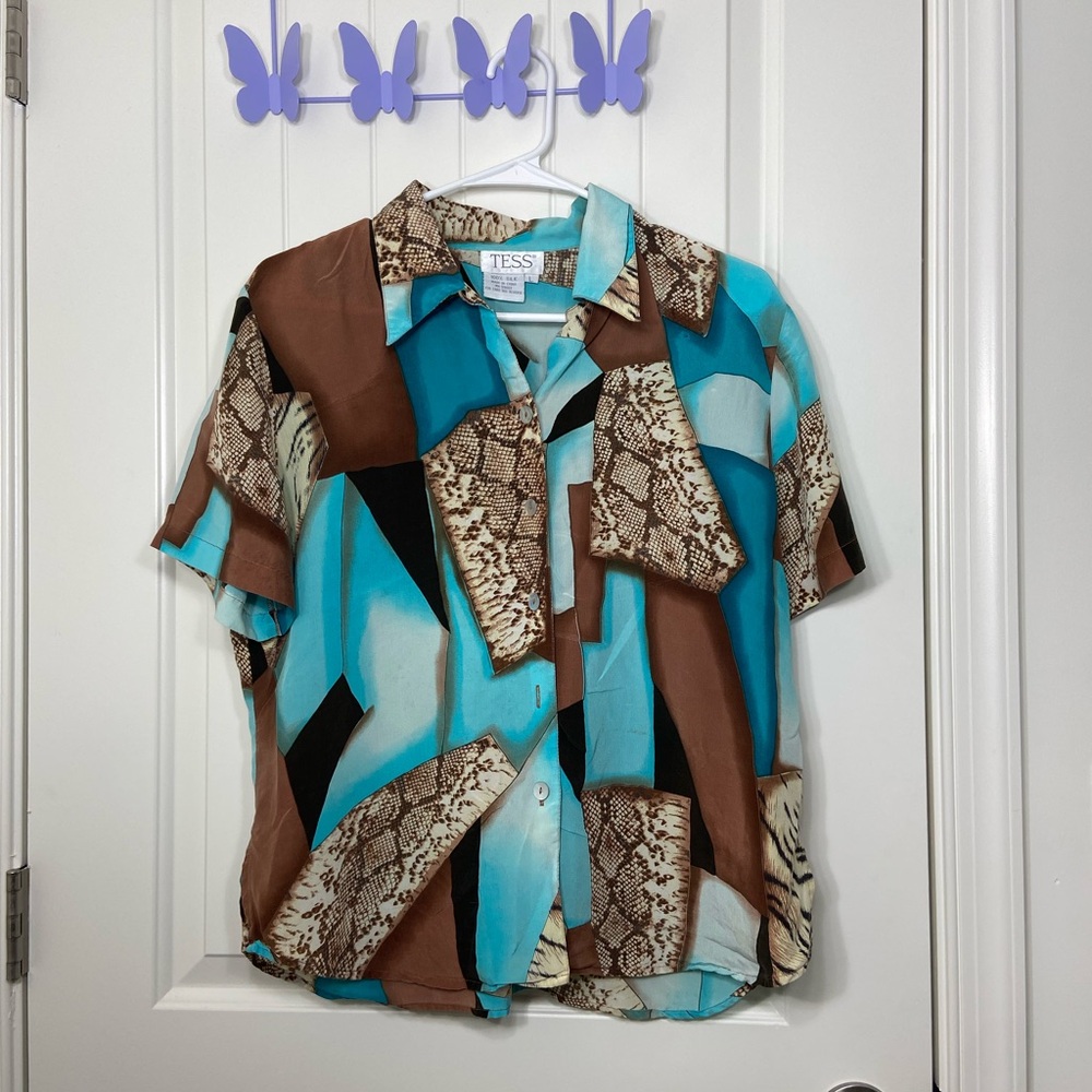 Vintage TESS women’s brown blue pattern 100% silk button front shirt‎ top large